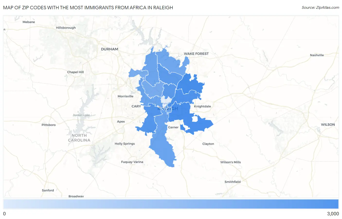 Zip Codes with the Most Immigrants from Africa in Raleigh Map