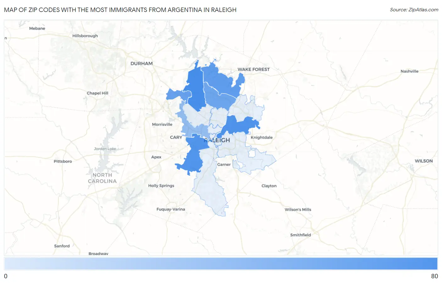 Zip Codes with the Most Immigrants from Argentina in Raleigh Map