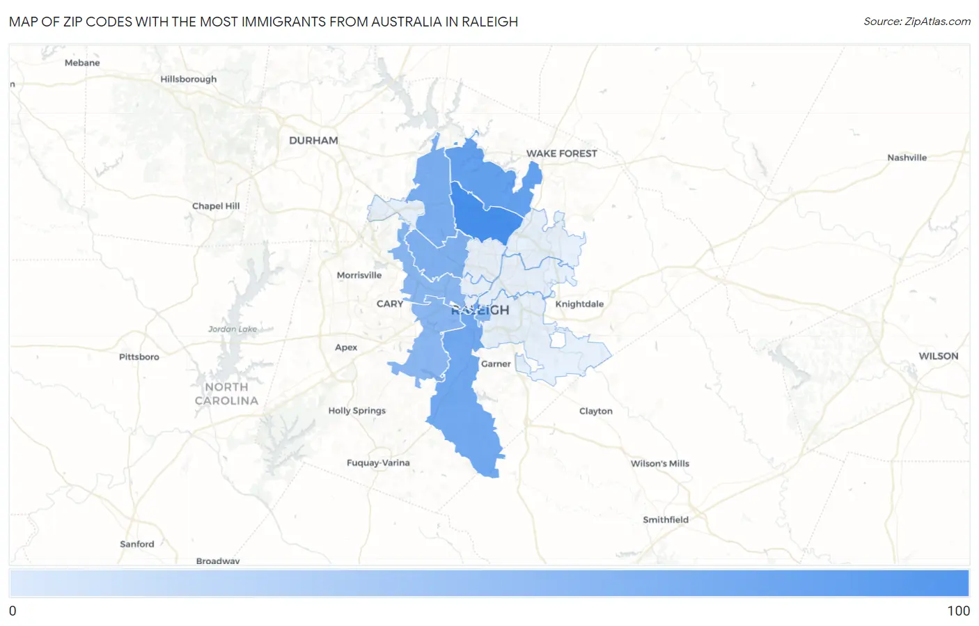 Zip Codes with the Most Immigrants from Australia in Raleigh Map