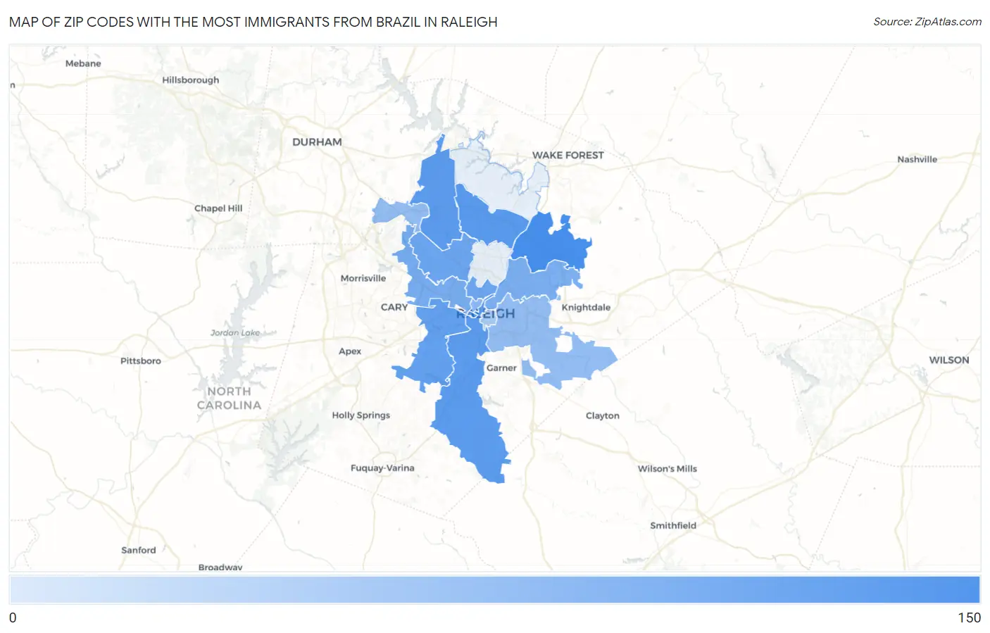 Zip Codes with the Most Immigrants from Brazil in Raleigh Map