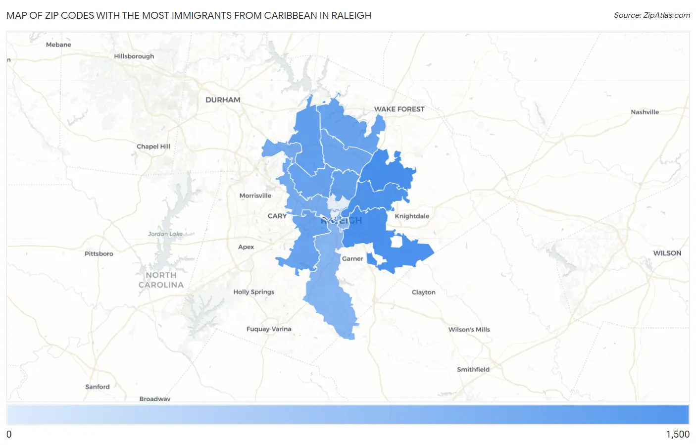 Zip Codes with the Most Immigrants from Caribbean in Raleigh Map