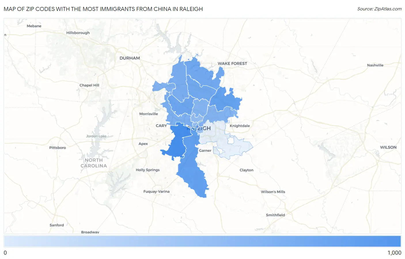 Zip Codes with the Most Immigrants from China in Raleigh Map
