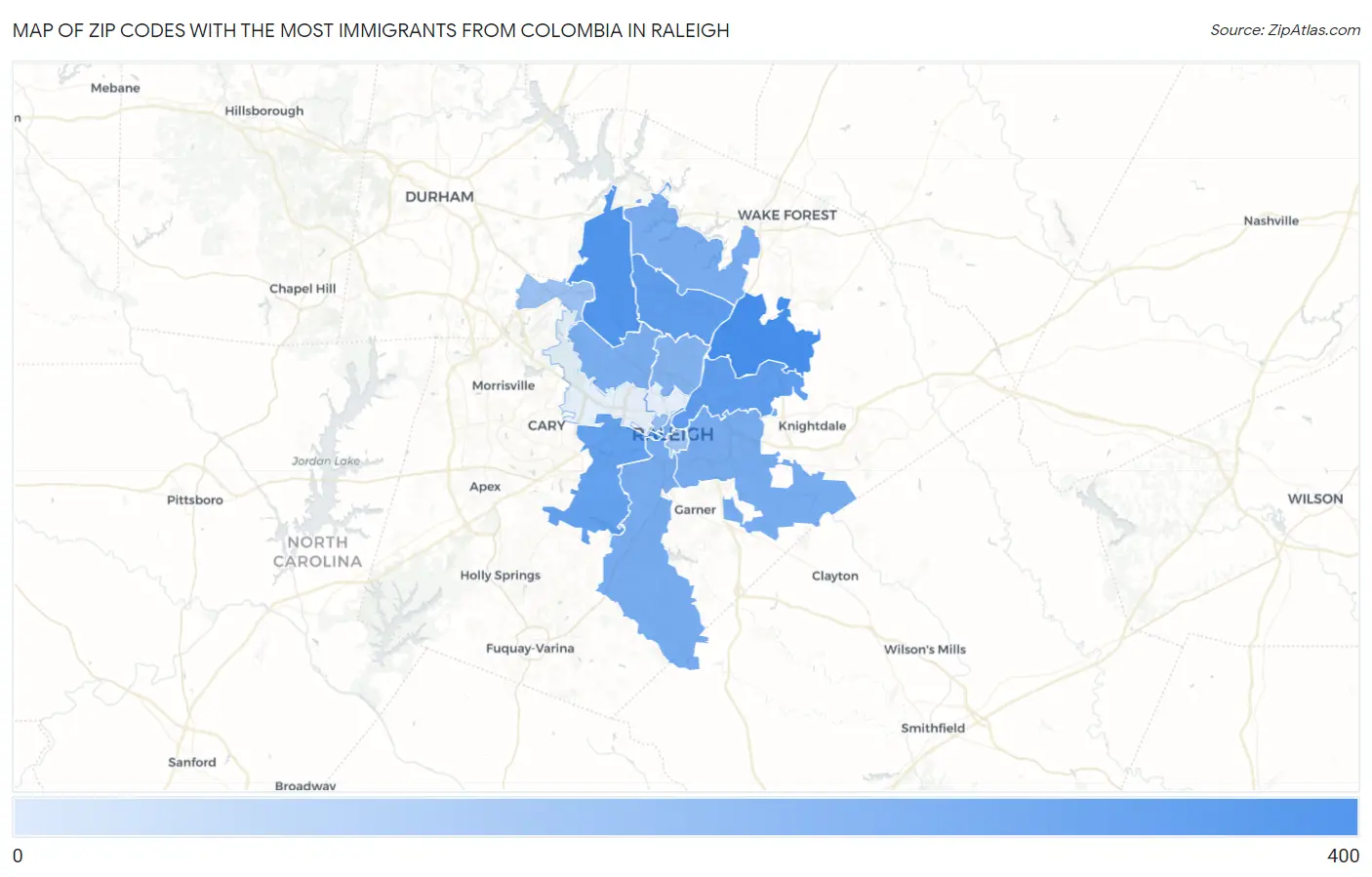 Zip Codes with the Most Immigrants from Colombia in Raleigh Map