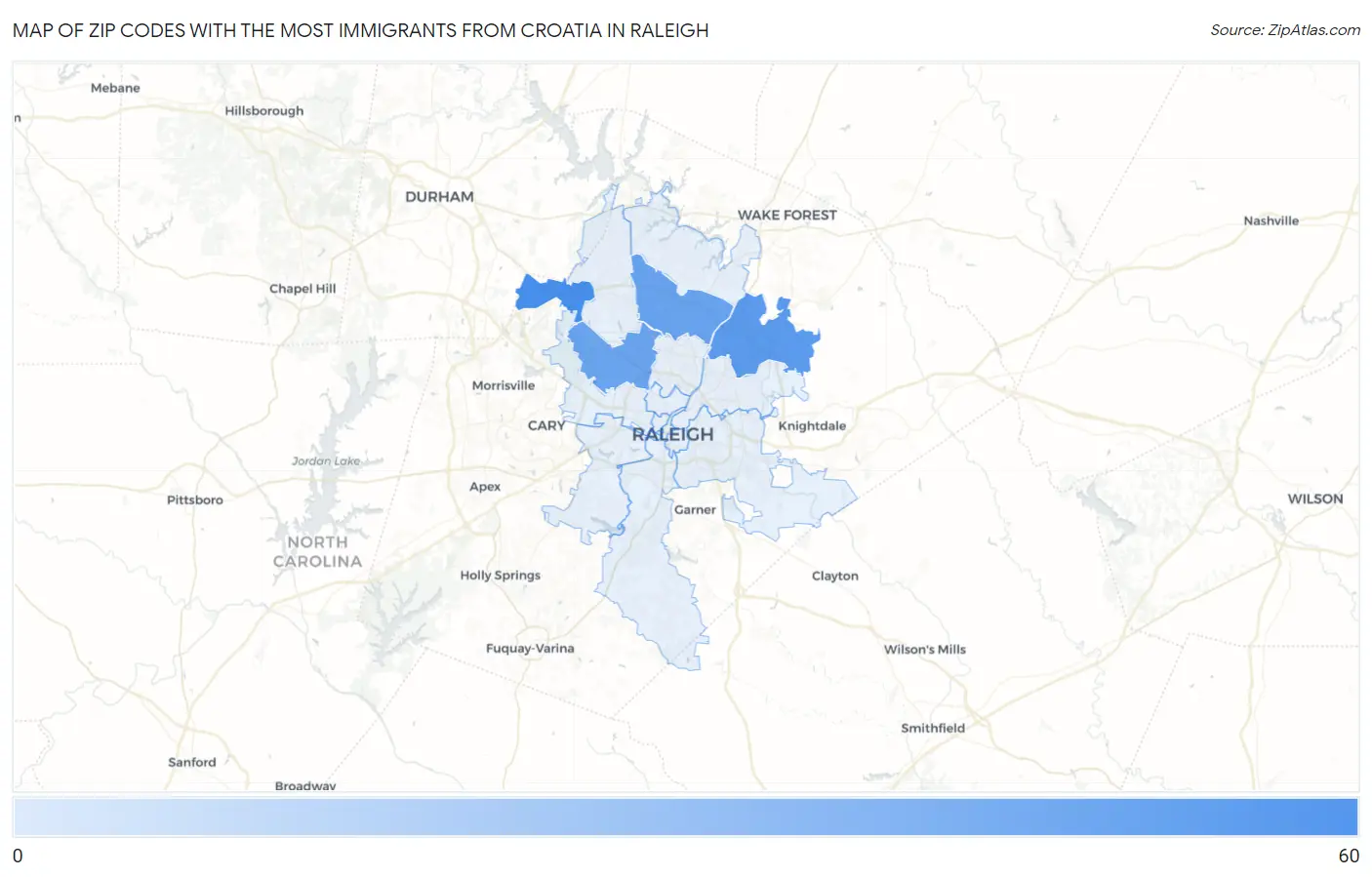 Zip Codes with the Most Immigrants from Croatia in Raleigh Map