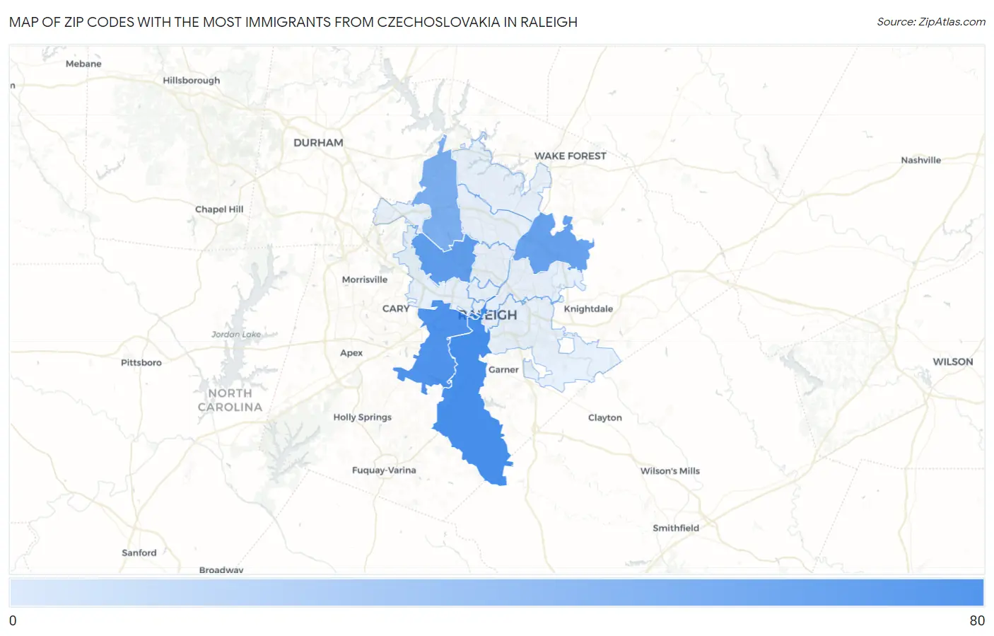 Zip Codes with the Most Immigrants from Czechoslovakia in Raleigh Map