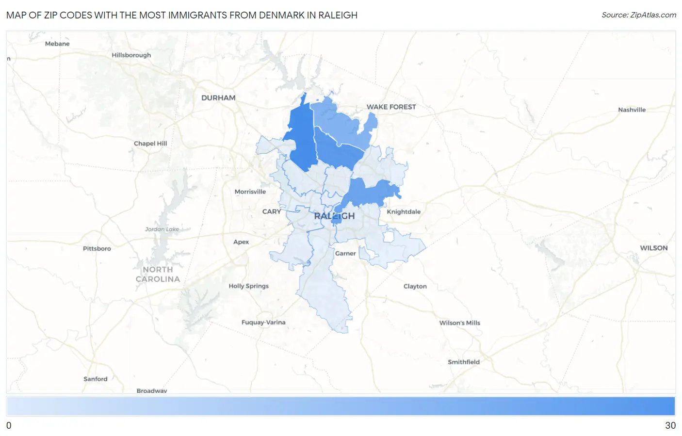 Zip Codes with the Most Immigrants from Denmark in Raleigh Map