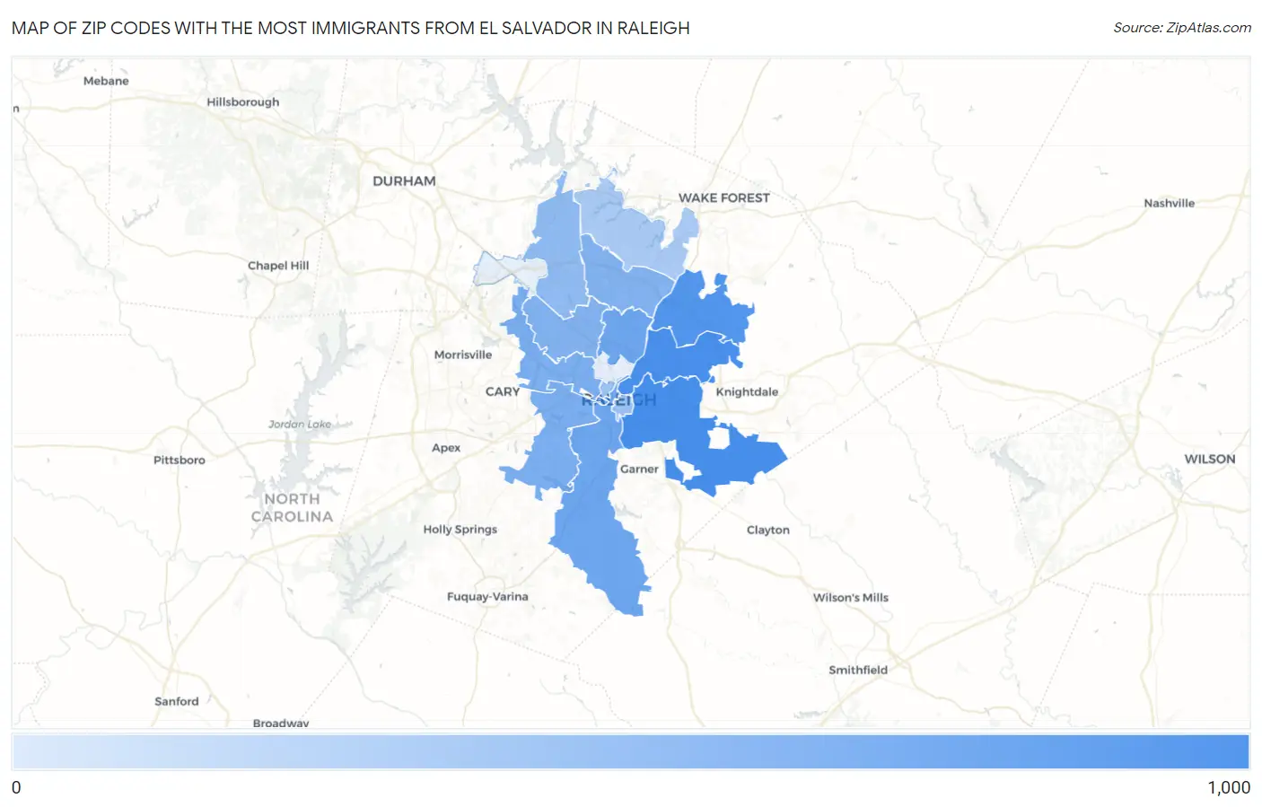 Zip Codes with the Most Immigrants from El Salvador in Raleigh Map