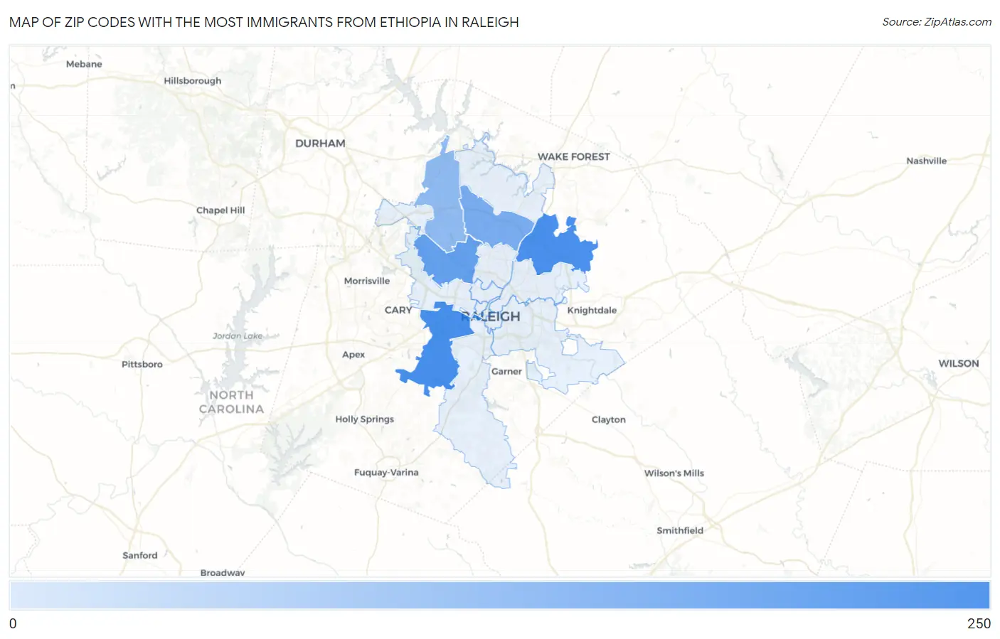 Zip Codes with the Most Immigrants from Ethiopia in Raleigh Map
