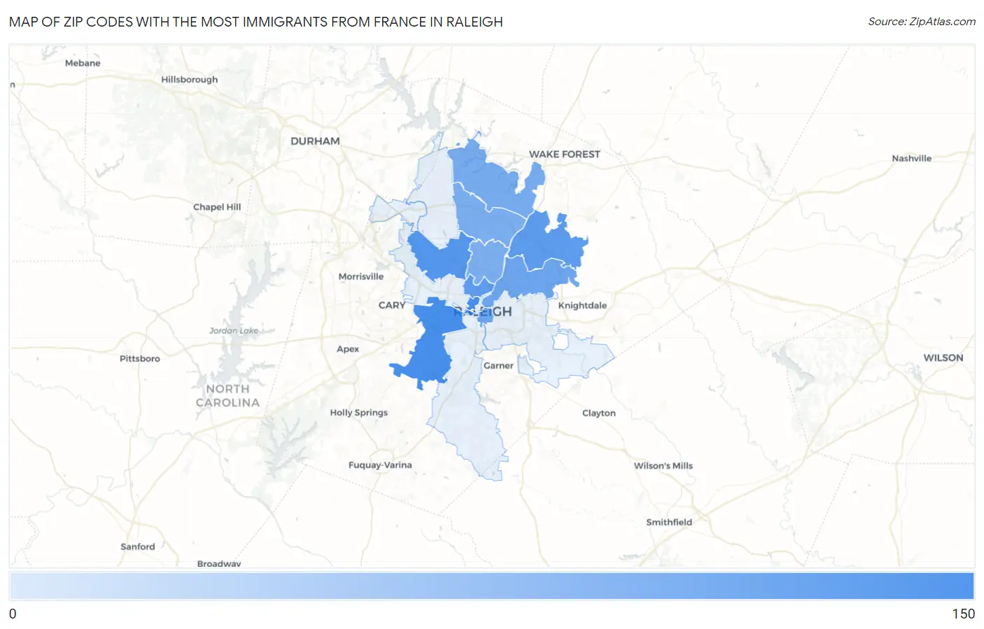 Zip Codes with the Most Immigrants from France in Raleigh Map