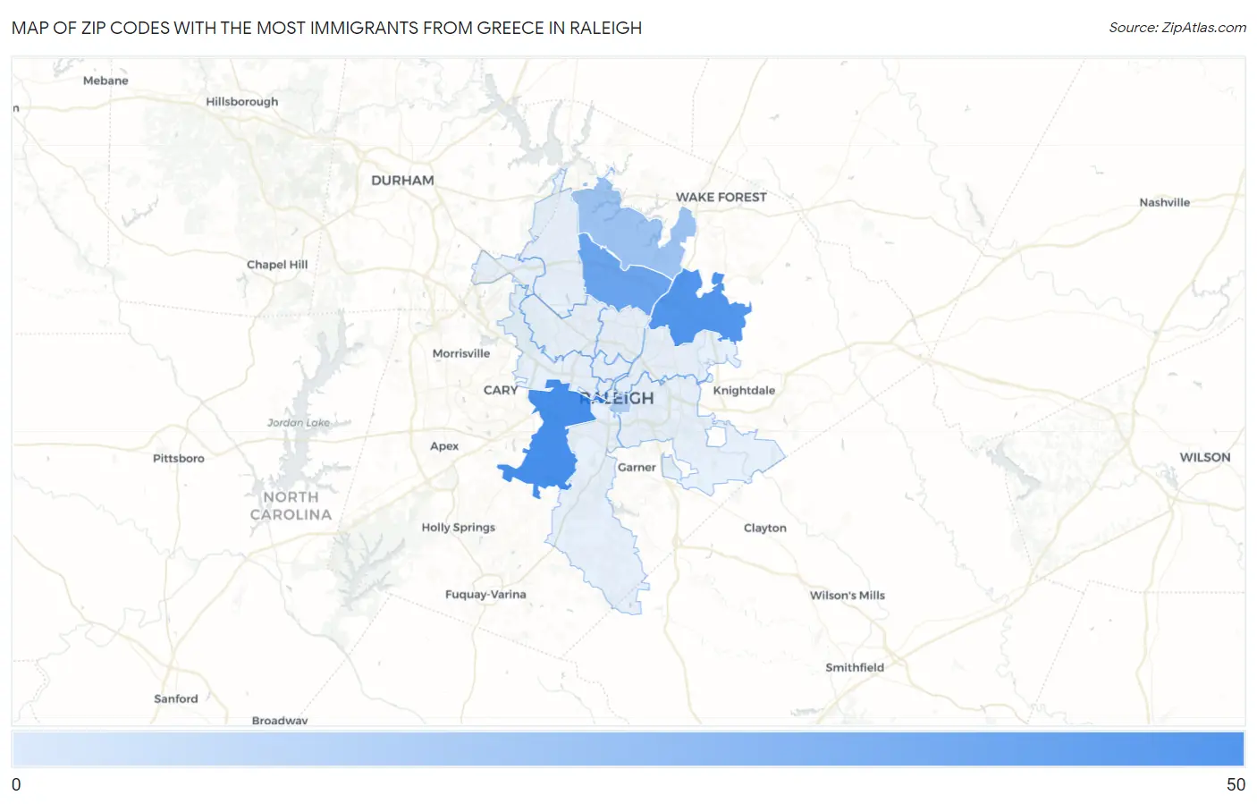 Zip Codes with the Most Immigrants from Greece in Raleigh Map