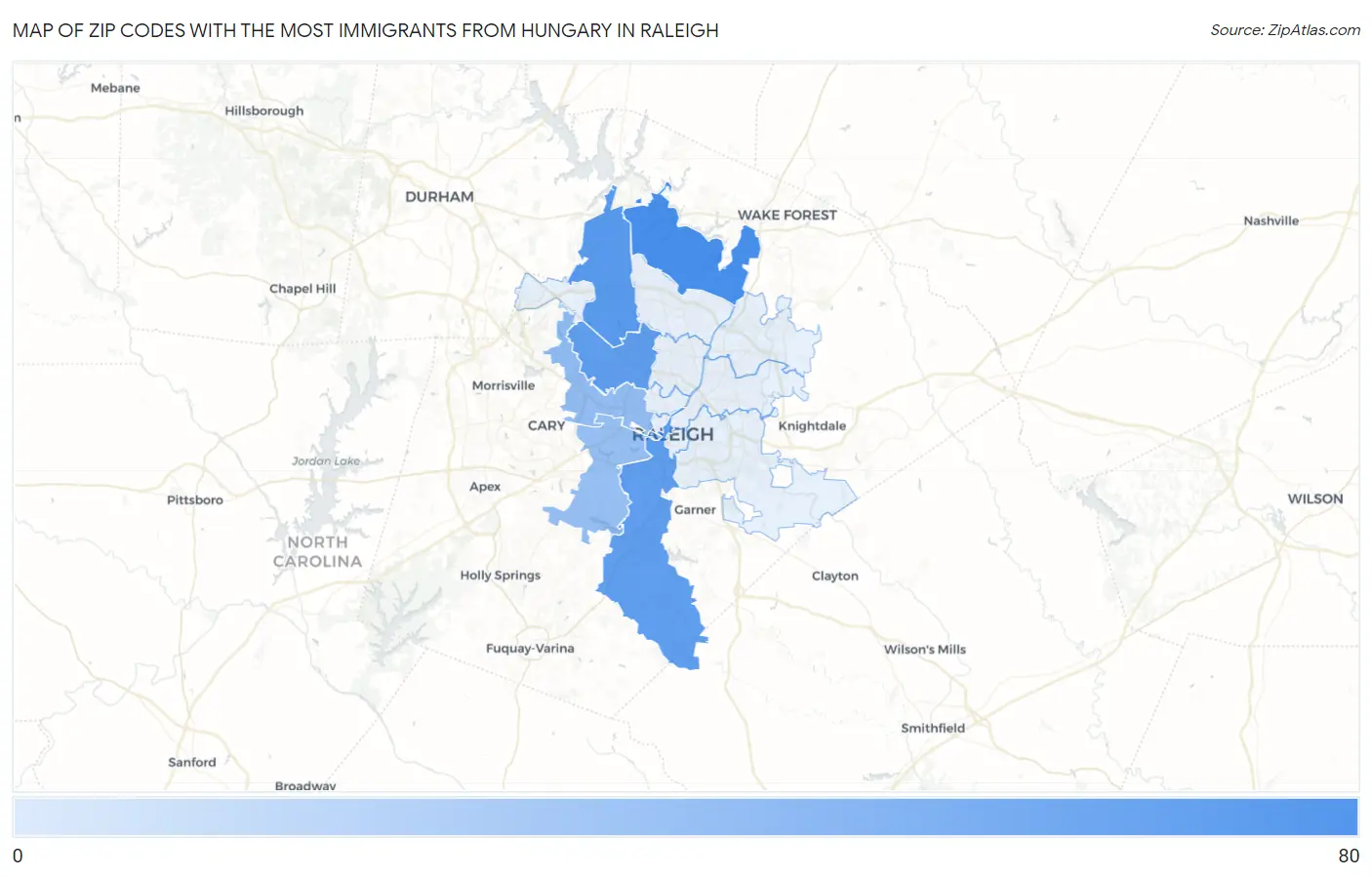 Zip Codes with the Most Immigrants from Hungary in Raleigh Map