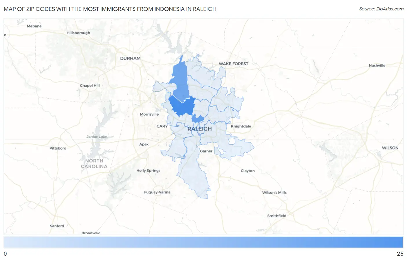 Zip Codes with the Most Immigrants from Indonesia in Raleigh Map