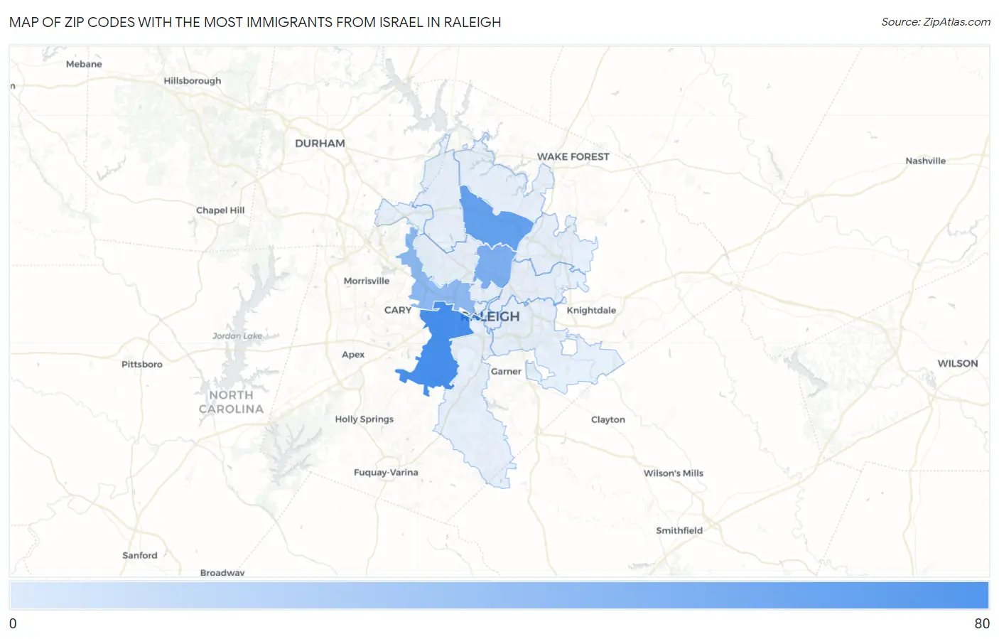 Zip Codes with the Most Immigrants from Israel in Raleigh Map