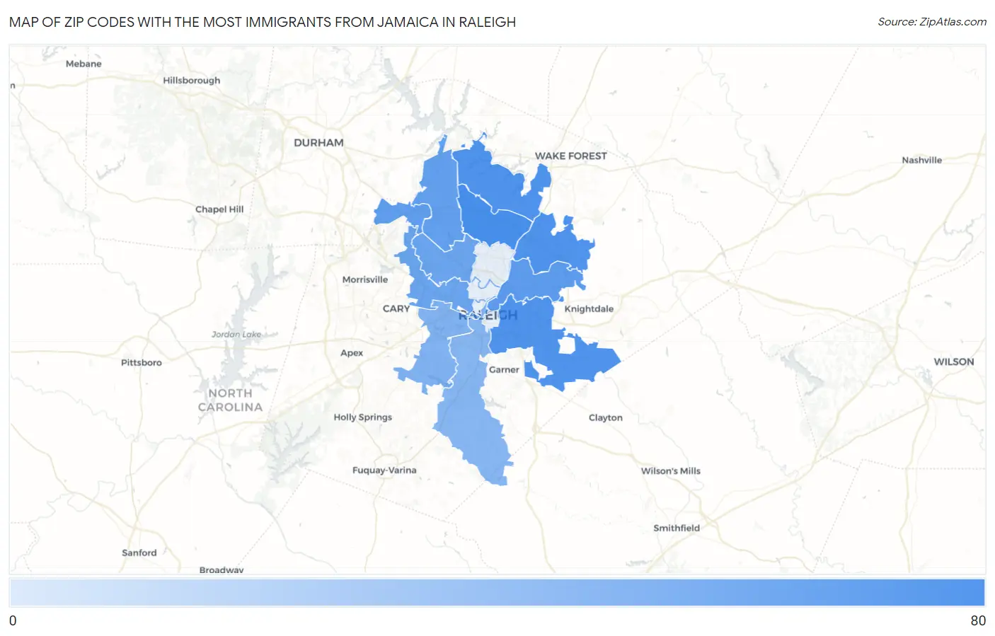 Zip Codes with the Most Immigrants from Jamaica in Raleigh Map