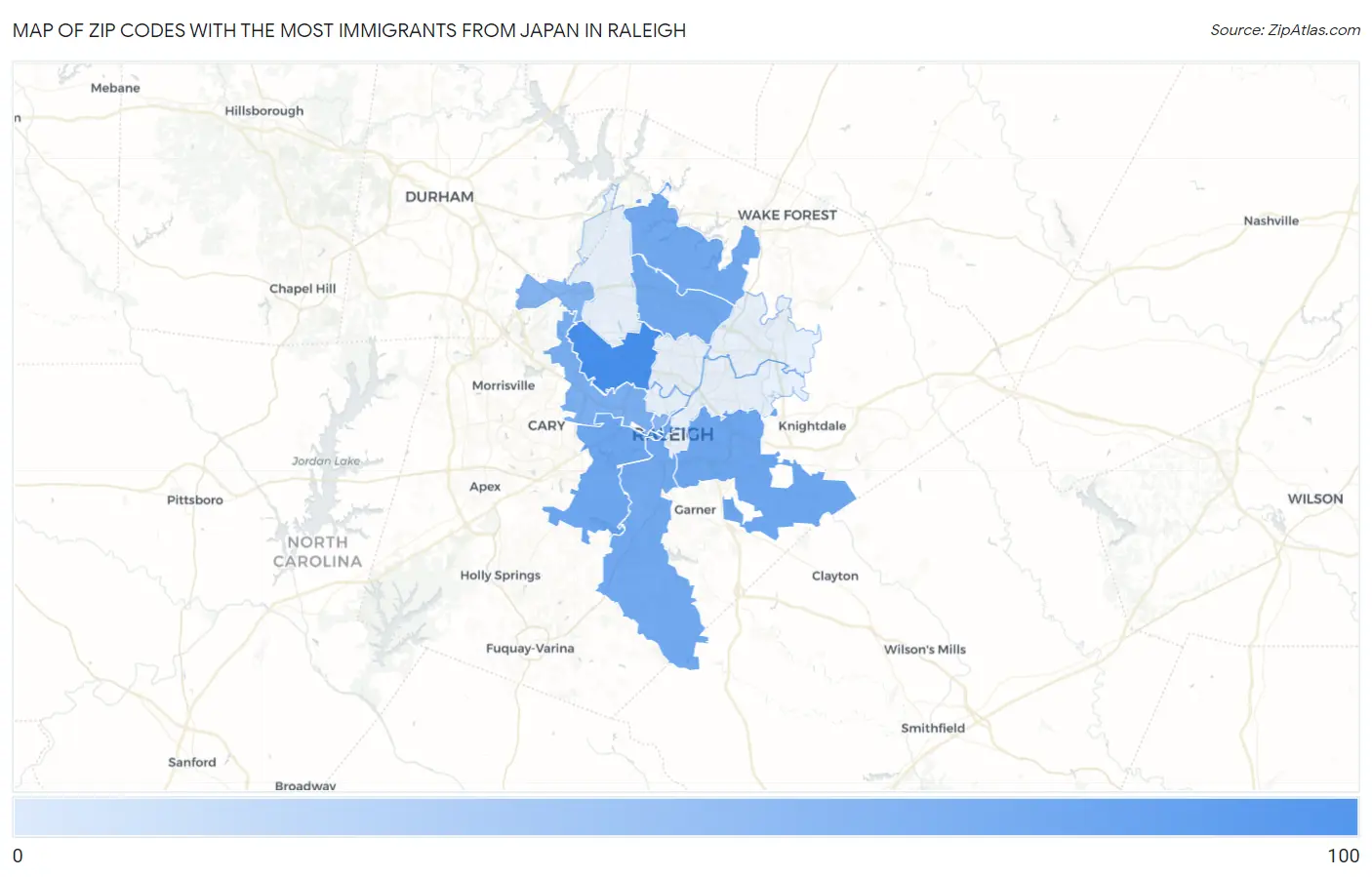 Zip Codes with the Most Immigrants from Japan in Raleigh Map