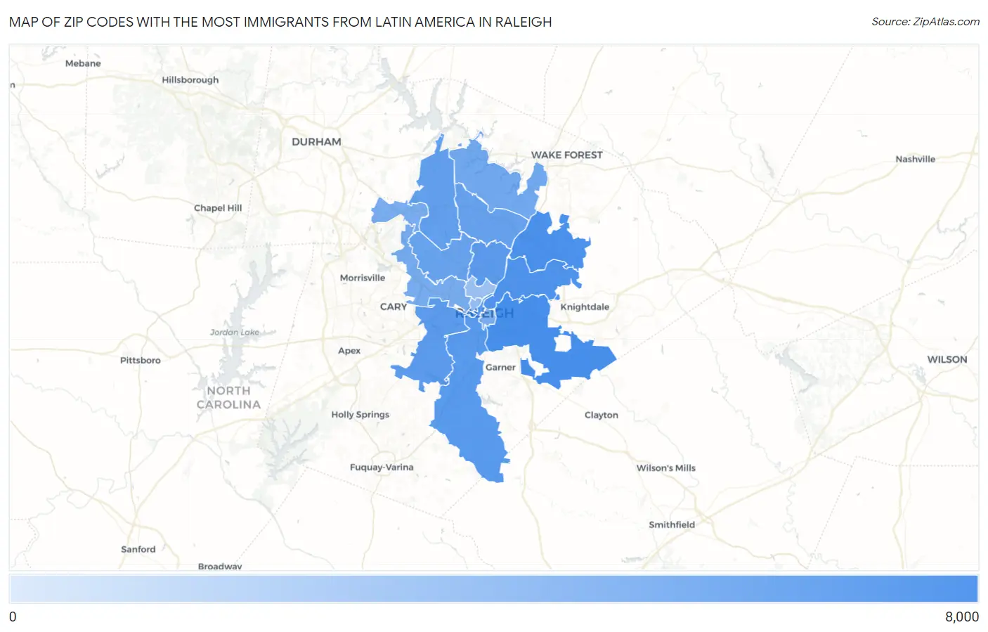 Zip Codes with the Most Immigrants from Latin America in Raleigh Map