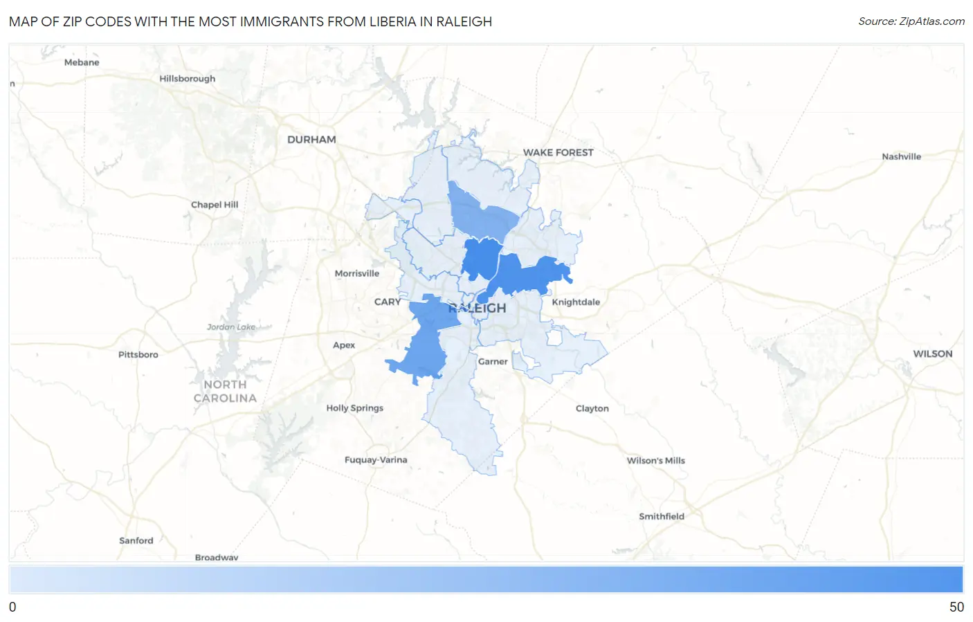 Zip Codes with the Most Immigrants from Liberia in Raleigh Map