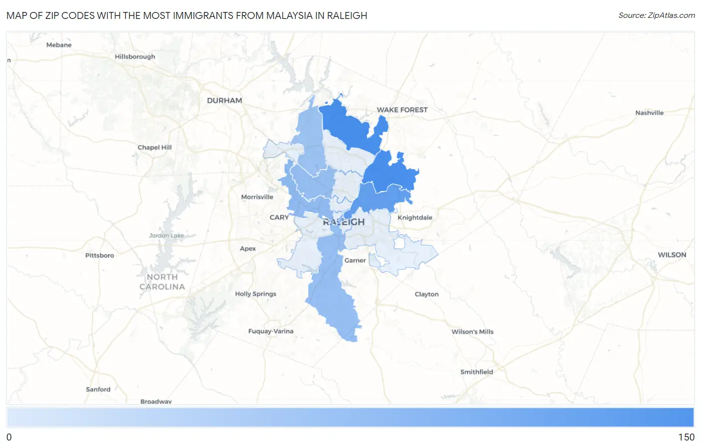 Zip Codes with the Most Immigrants from Malaysia in Raleigh Map