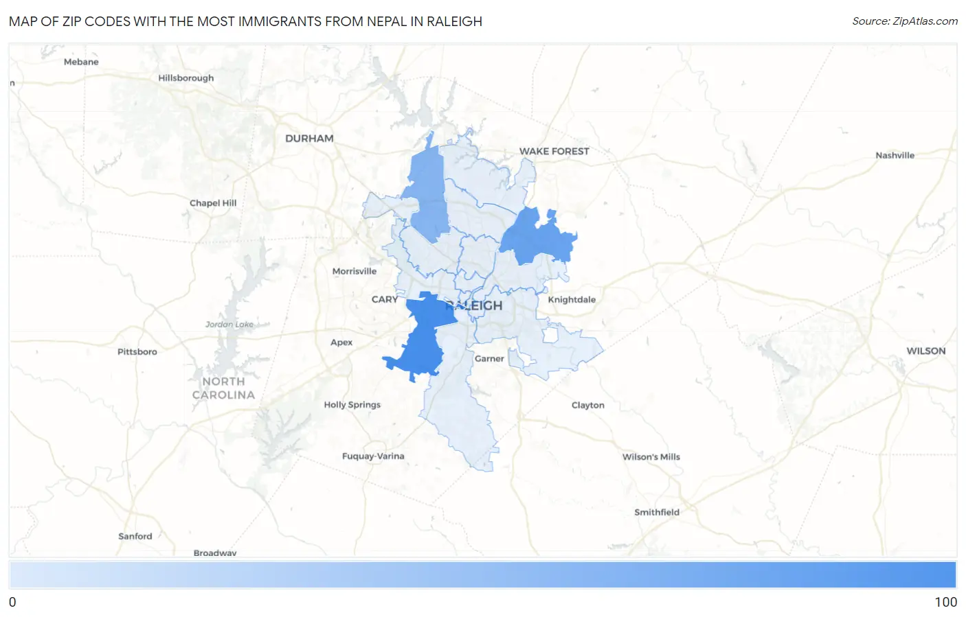 Zip Codes with the Most Immigrants from Nepal in Raleigh Map