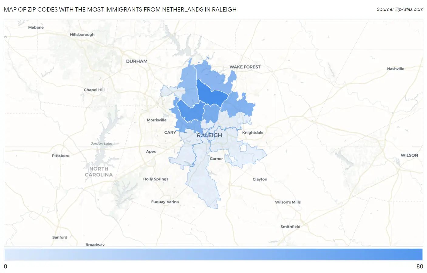 Zip Codes with the Most Immigrants from Netherlands in Raleigh Map