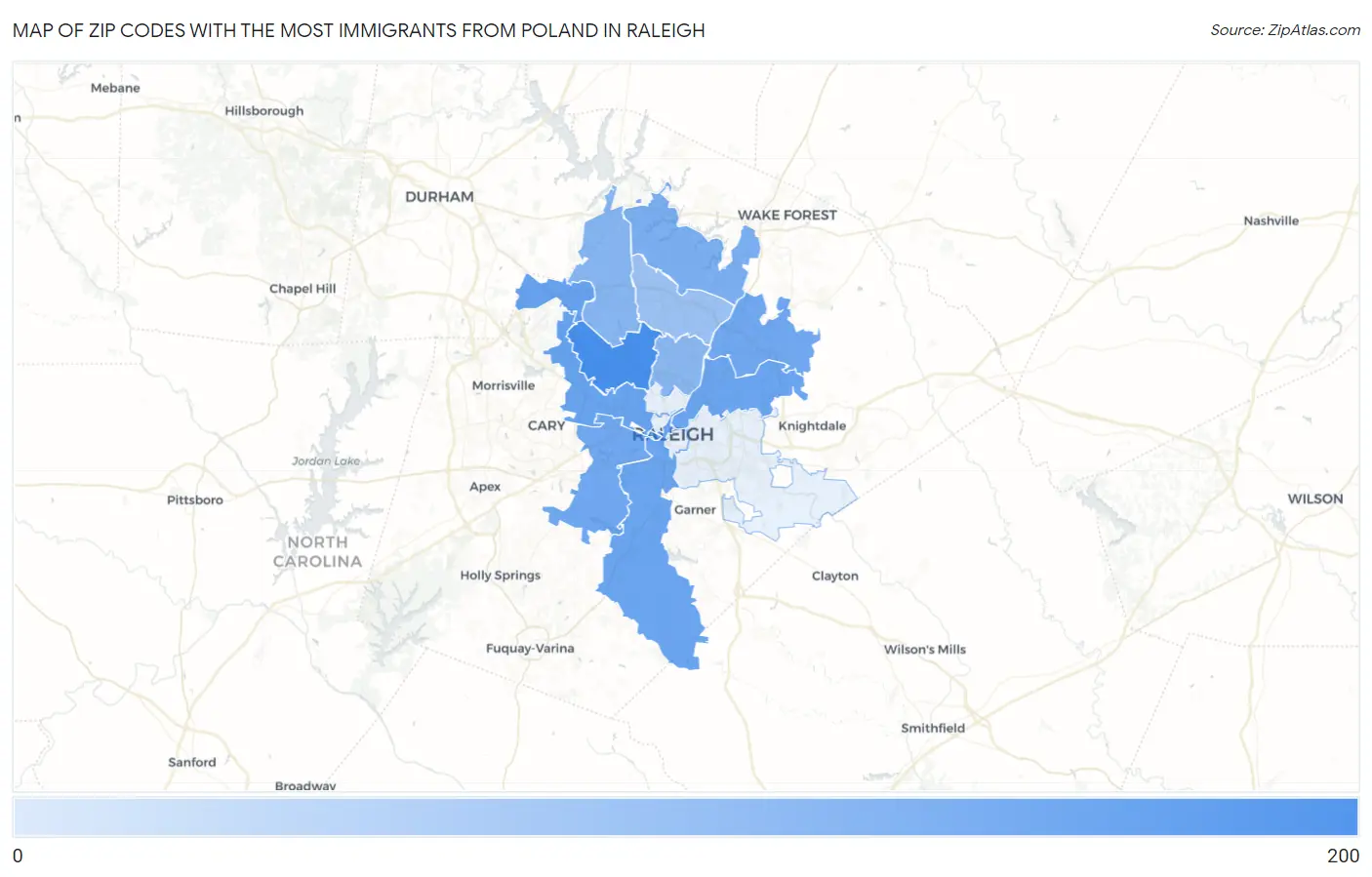 Zip Codes with the Most Immigrants from Poland in Raleigh Map