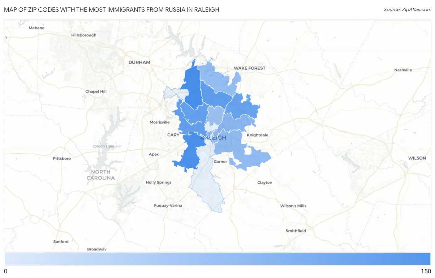 Zip Codes with the Most Immigrants from Russia in Raleigh Map