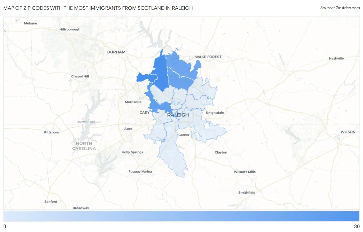 Zip Codes with the Most Immigrants from Scotland in Raleigh Map