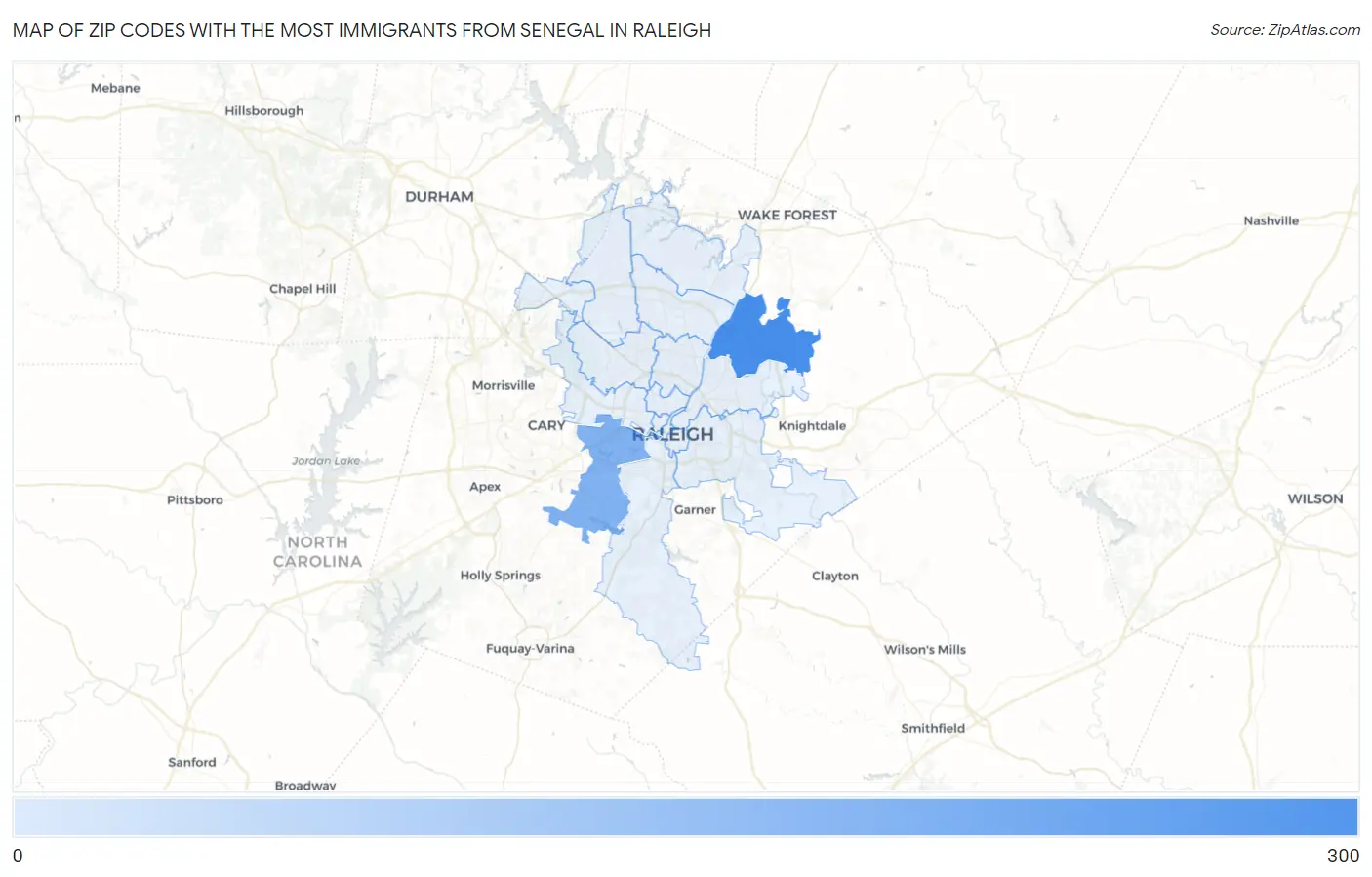 Zip Codes with the Most Immigrants from Senegal in Raleigh Map