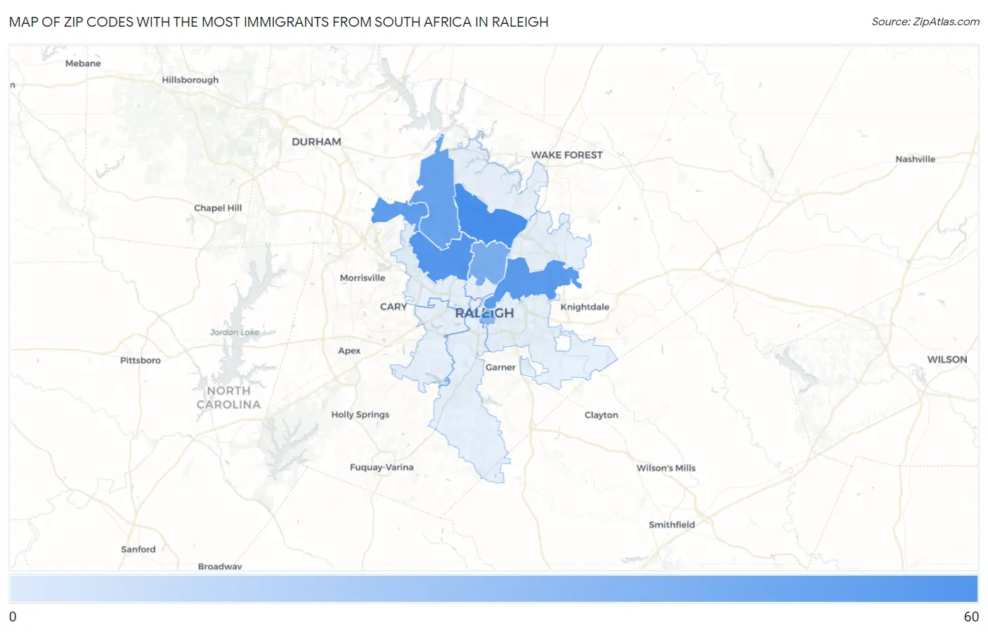 Zip Codes with the Most Immigrants from South Africa in Raleigh Map