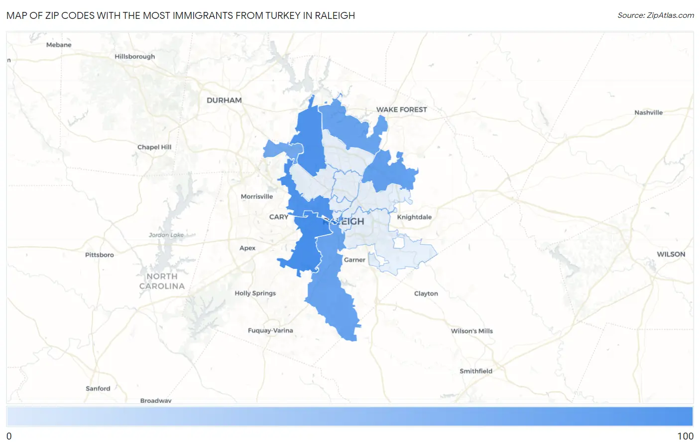 Zip Codes with the Most Immigrants from Turkey in Raleigh Map