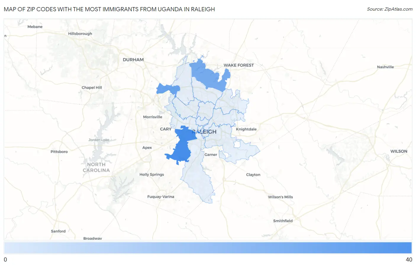 Zip Codes with the Most Immigrants from Uganda in Raleigh Map