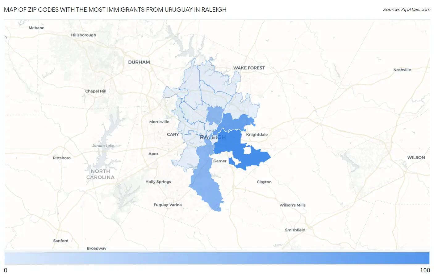 Zip Codes with the Most Immigrants from Uruguay in Raleigh Map