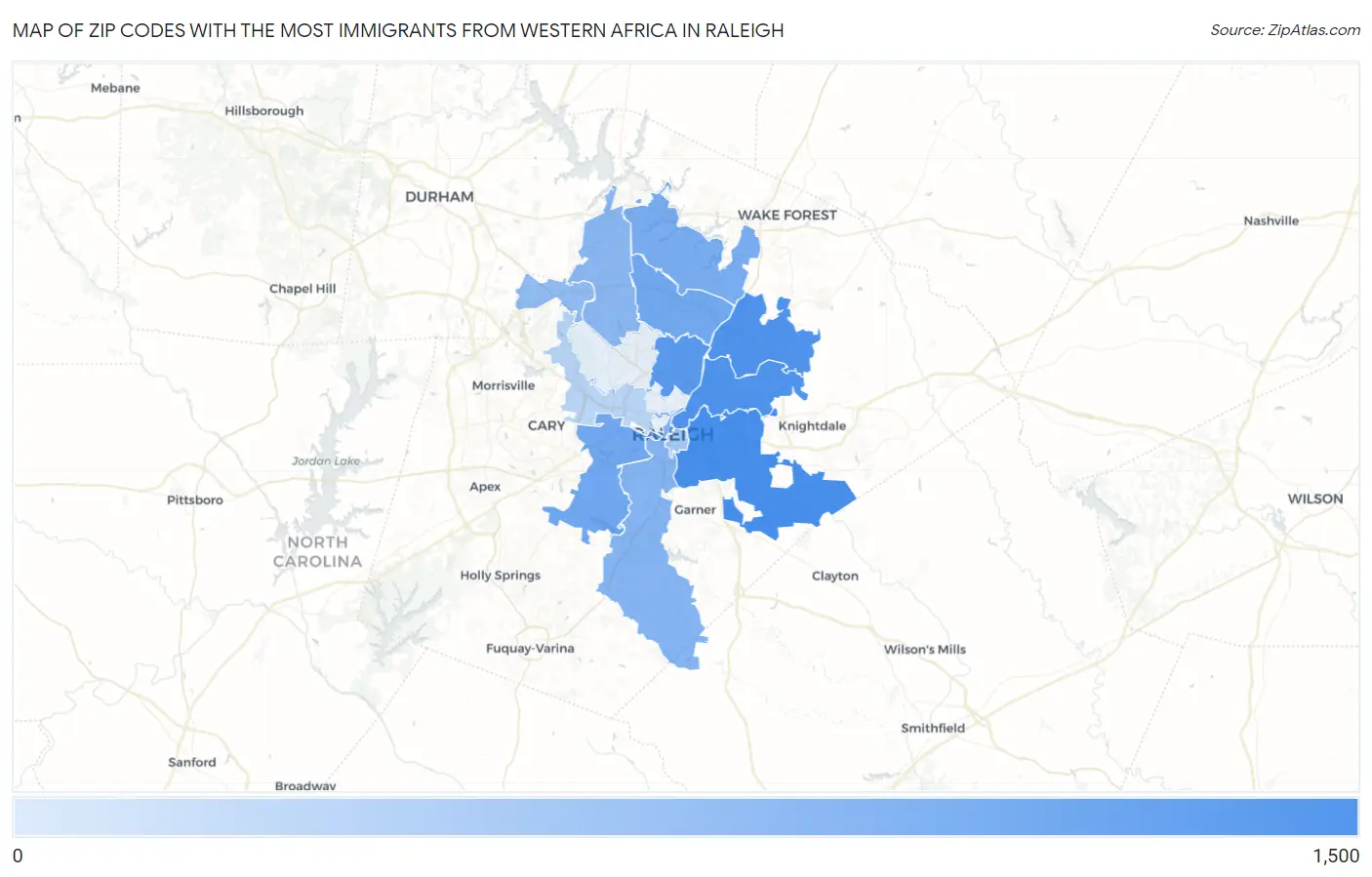 Zip Codes with the Most Immigrants from Western Africa in Raleigh Map