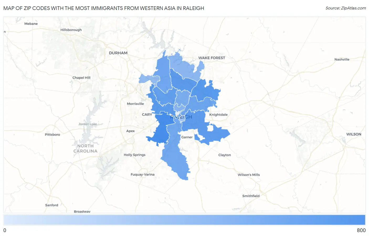 Zip Codes with the Most Immigrants from Western Asia in Raleigh Map