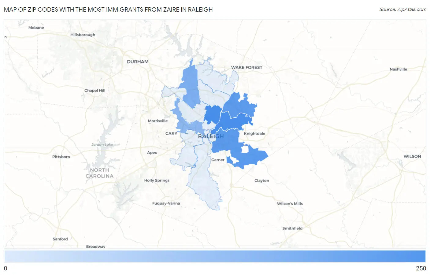 Zip Codes with the Most Immigrants from Zaire in Raleigh Map