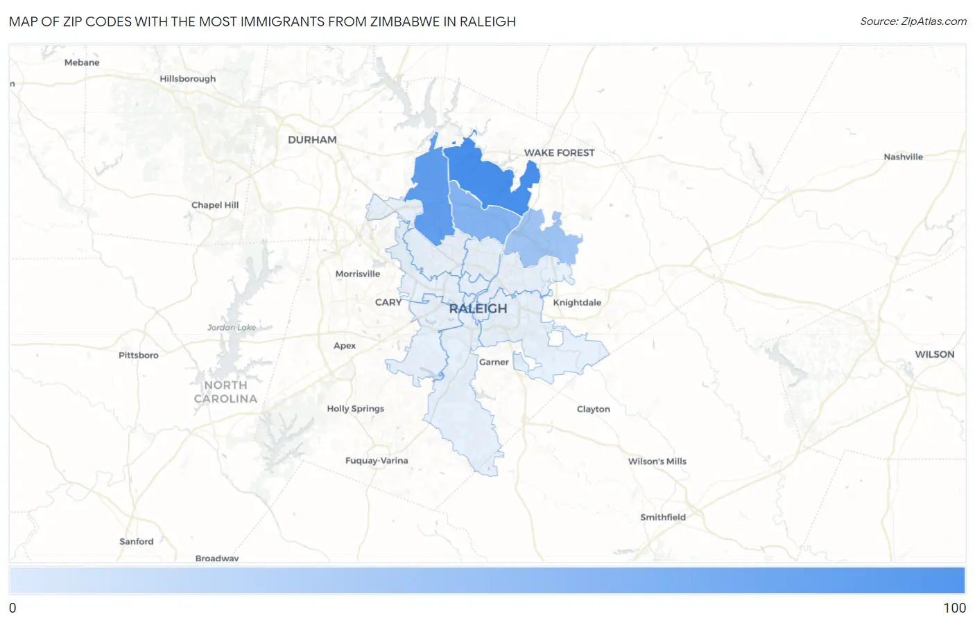 Zip Codes with the Most Immigrants from Zimbabwe in Raleigh Map