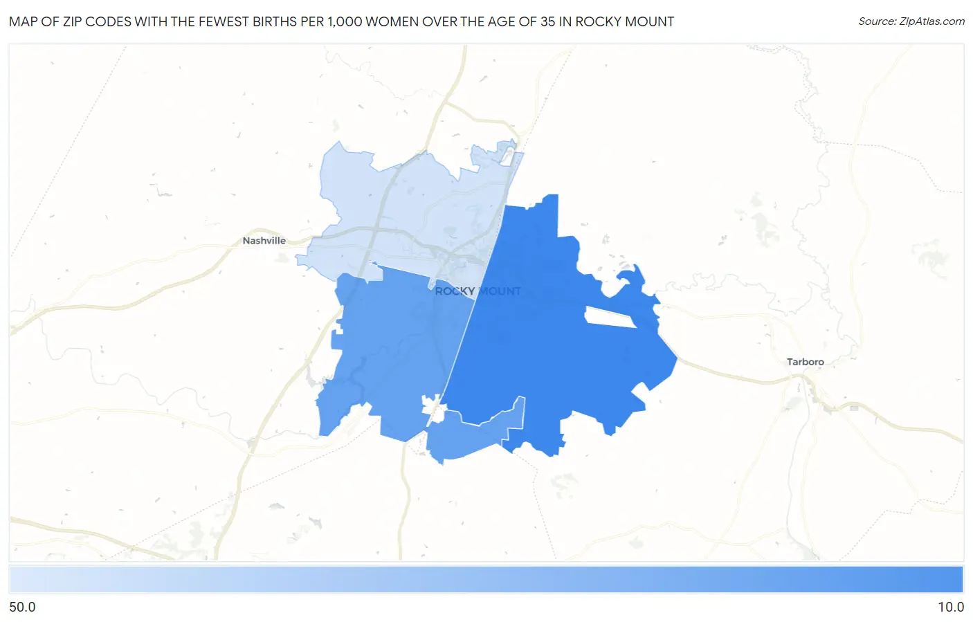 Zip Codes with the Fewest Births per 1,000 Women Over the Age of 35 in Rocky Mount Map