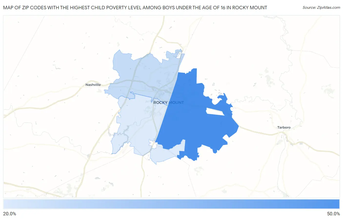 Zip Codes with the Highest Child Poverty Level Among Boys Under the Age of 16 in Rocky Mount Map