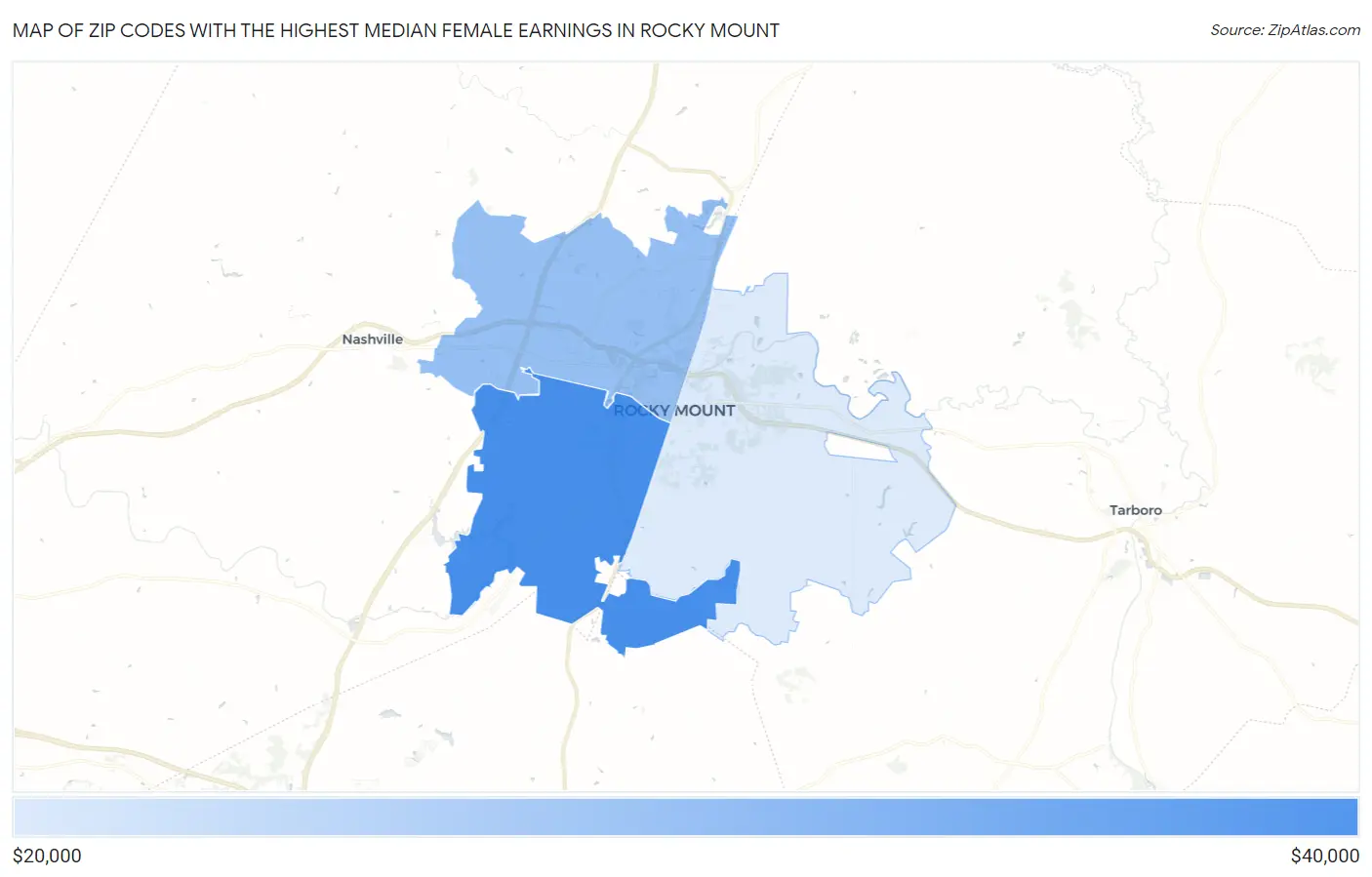 Zip Codes with the Highest Median Female Earnings in Rocky Mount Map