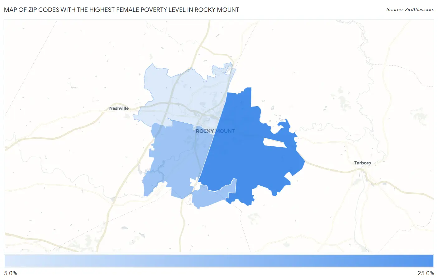 Zip Codes with the Highest Female Poverty Level in Rocky Mount Map