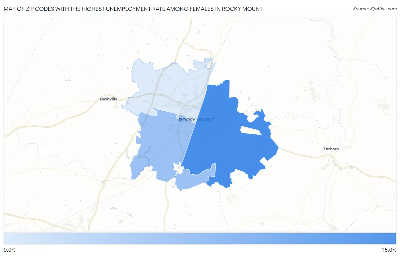 Zip Codes with the Highest Unemployment Rate Among Females in Rocky Mount Map