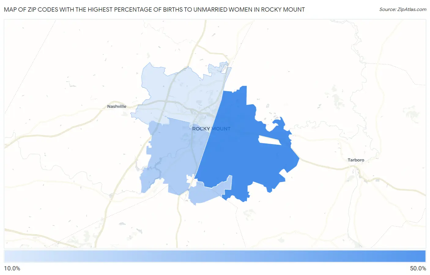Zip Codes with the Highest Percentage of Births to Unmarried Women in Rocky Mount Map
