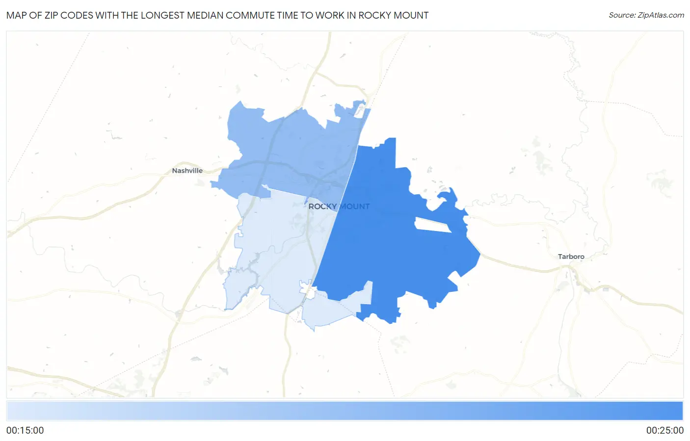Zip Codes with the Longest Median Commute Time to Work in Rocky Mount Map
