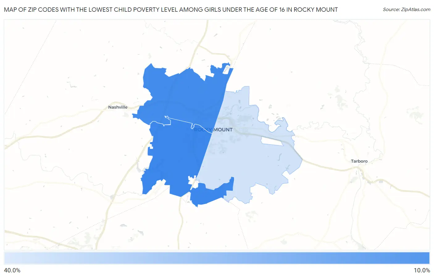 Zip Codes with the Lowest Child Poverty Level Among Girls Under the Age of 16 in Rocky Mount Map