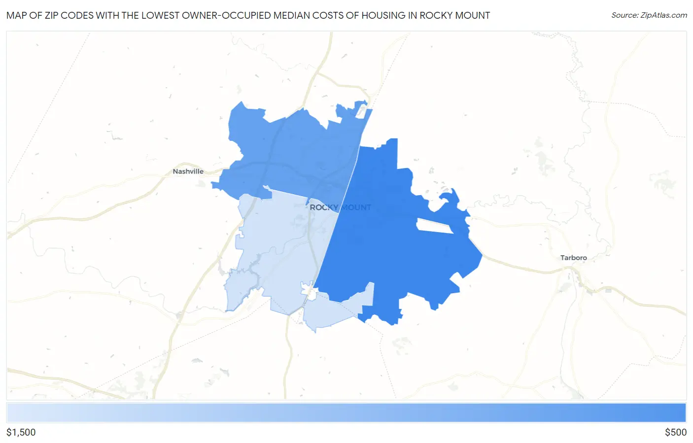 Zip Codes with the Lowest Owner-Occupied Median Costs of Housing in Rocky Mount Map