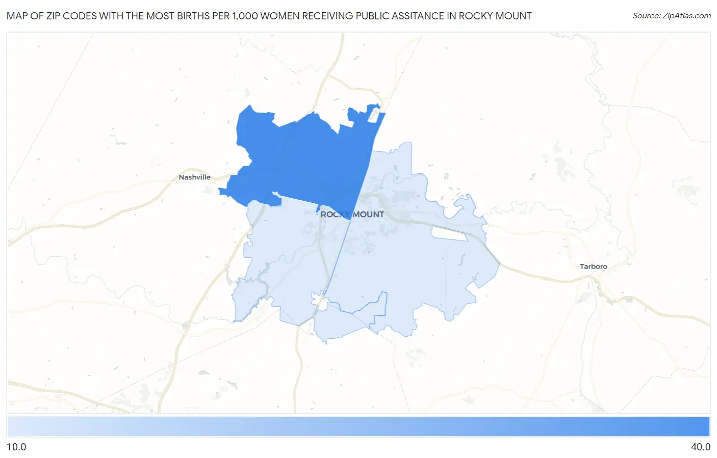 Zip Codes with the Most Births per 1,000 Women Receiving Public Assitance in Rocky Mount Map
