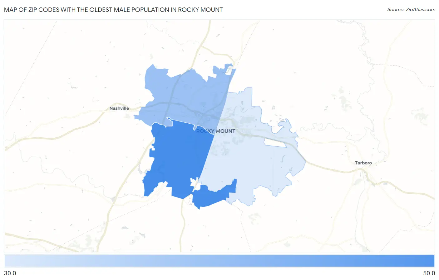 Zip Codes with the Oldest Male Population in Rocky Mount Map