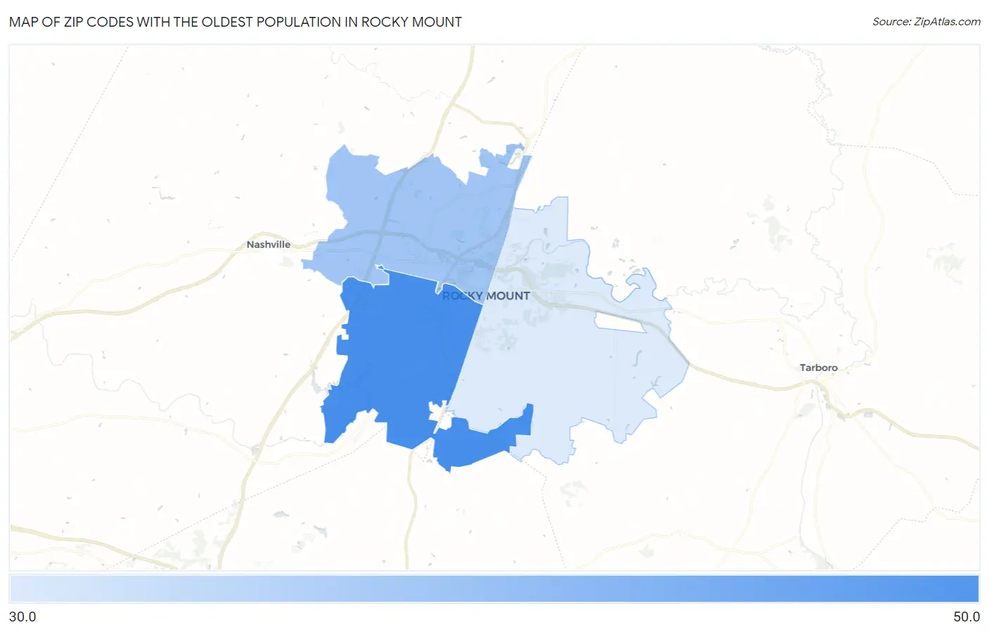Zip Codes with the Oldest Population in Rocky Mount Map