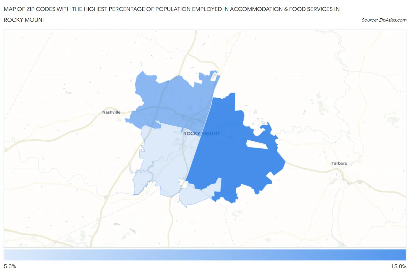 Zip Codes with the Highest Percentage of Population Employed in Accommodation & Food Services in Rocky Mount Map