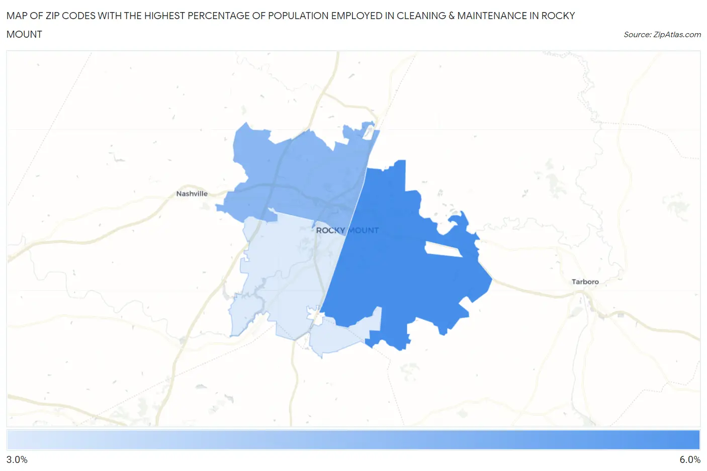 Zip Codes with the Highest Percentage of Population Employed in Cleaning & Maintenance in Rocky Mount Map